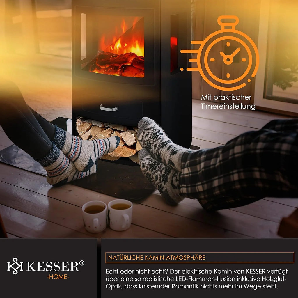 KESSER® Prio Elektrokamin mit Heizung & Fernbedienung, 950/1900W, Realistischer LED-Flammeneffekt, 3-Seiten-Panoramafenster, Thermostat & Timer, Standkamin