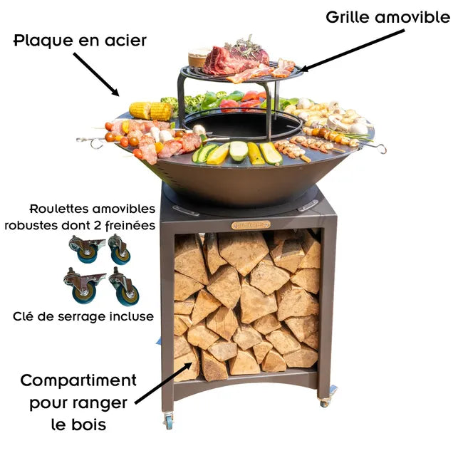 FIESTA Hohe Feuerstelle mit abnehmbarer Stahlplatte und Grillrost, Grillplatte für den Außenbereich, Ø 75 cm